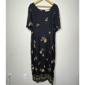 August Max Woman 14W Silk Maxi Dress Black Tan Floral Flutter Sleeve